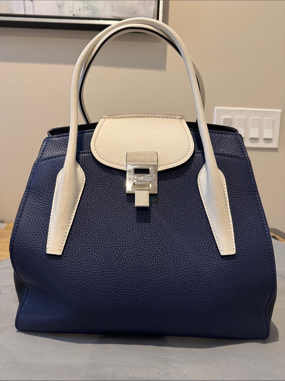 Michael Kors Collection Navy and Cream Leather Top-Handle Satchel